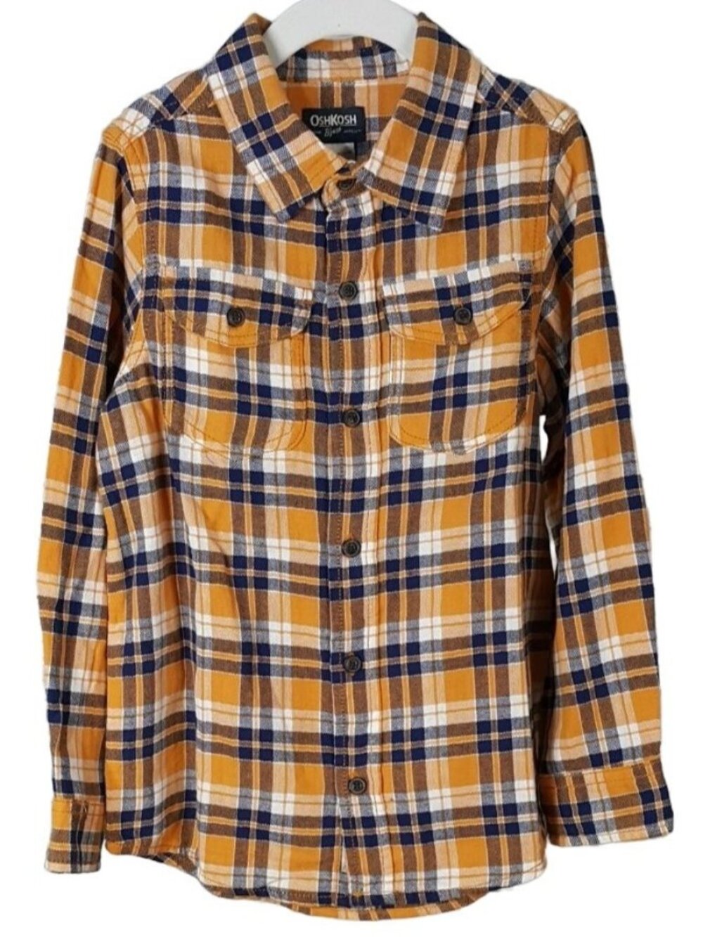 OshKosh Boys Plaid Shirt Orange Blue SZ 8 Button Pockets Long Sleeve 100% Cotton